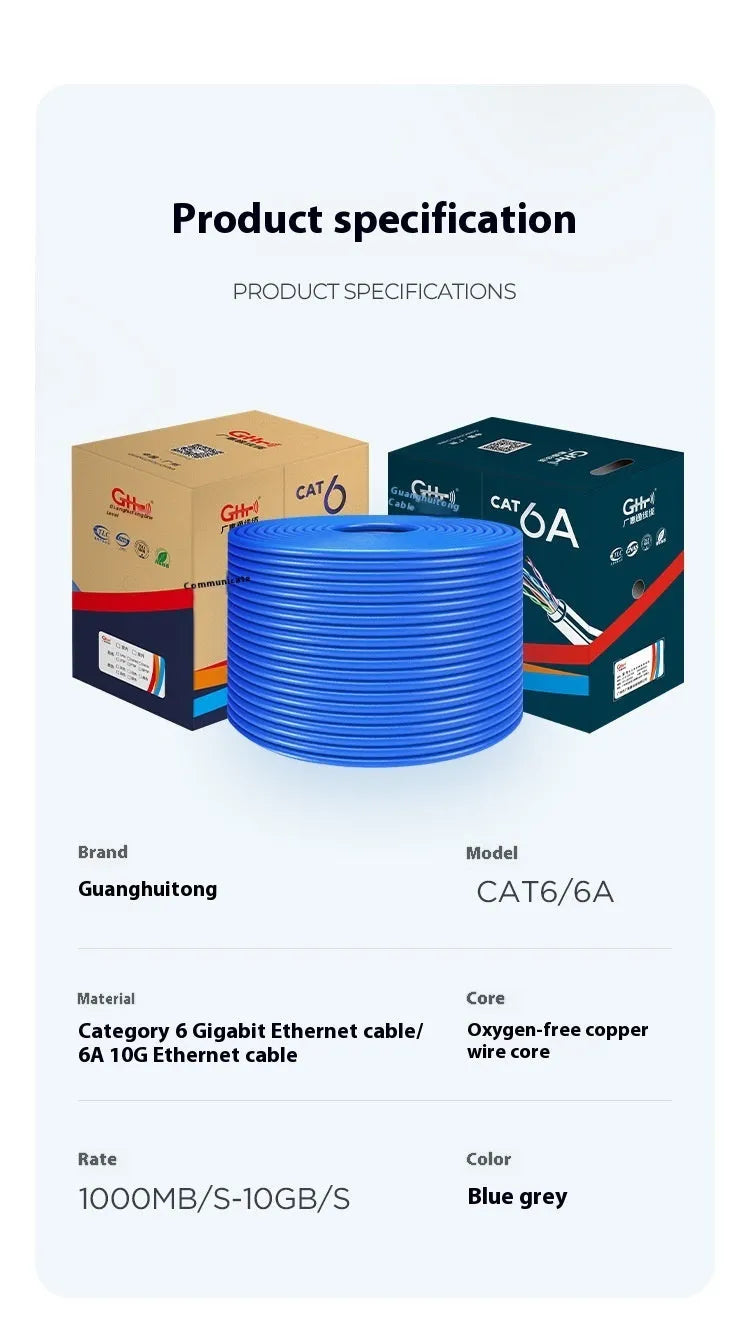 A large reel of blue or grey Cat 6A gigabit ethernet cable with oxygen-free copper conductors, showing 305m length.