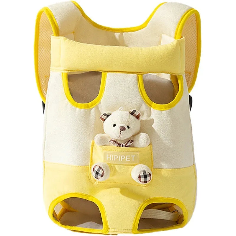 Cartoon cute chest bag pet carrier in canvas with colourful stitching patterns and adjustable sizing