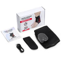 Portable hot compress vibration foot massager in grey or black, neoprene and ABS, 46 x 32 cm, 3000 mAh battery.