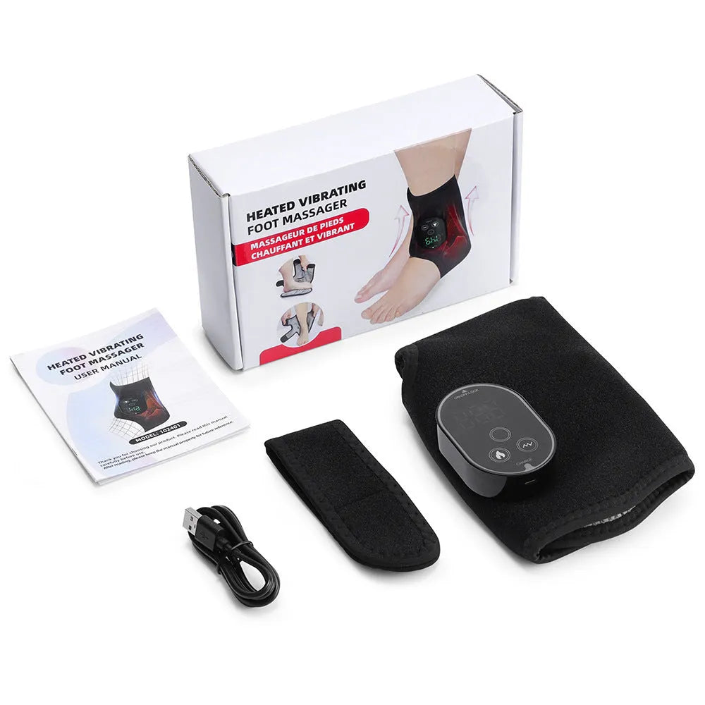 Portable hot compress vibration foot massager in grey or black, neoprene and ABS, 46 x 32 cm, 3000 mAh battery.