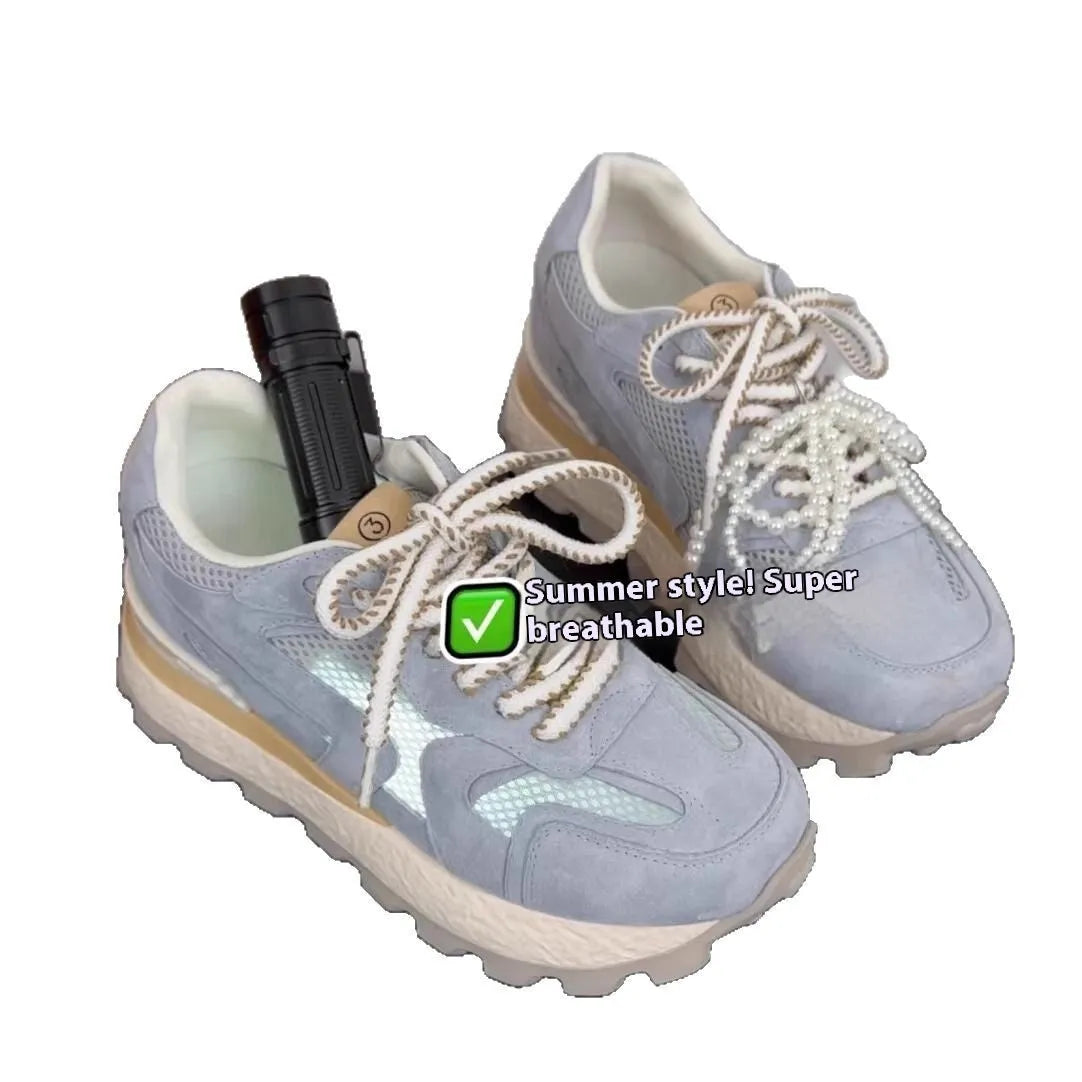 Women's height increasing platform sneakers in blue with synthetic leather upper, round toe, front lace-up, rubber sole