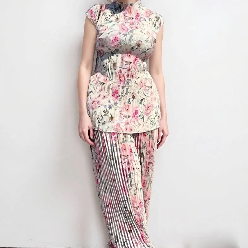 Printed chiffon dress with high waist and long sleeves in picture colour