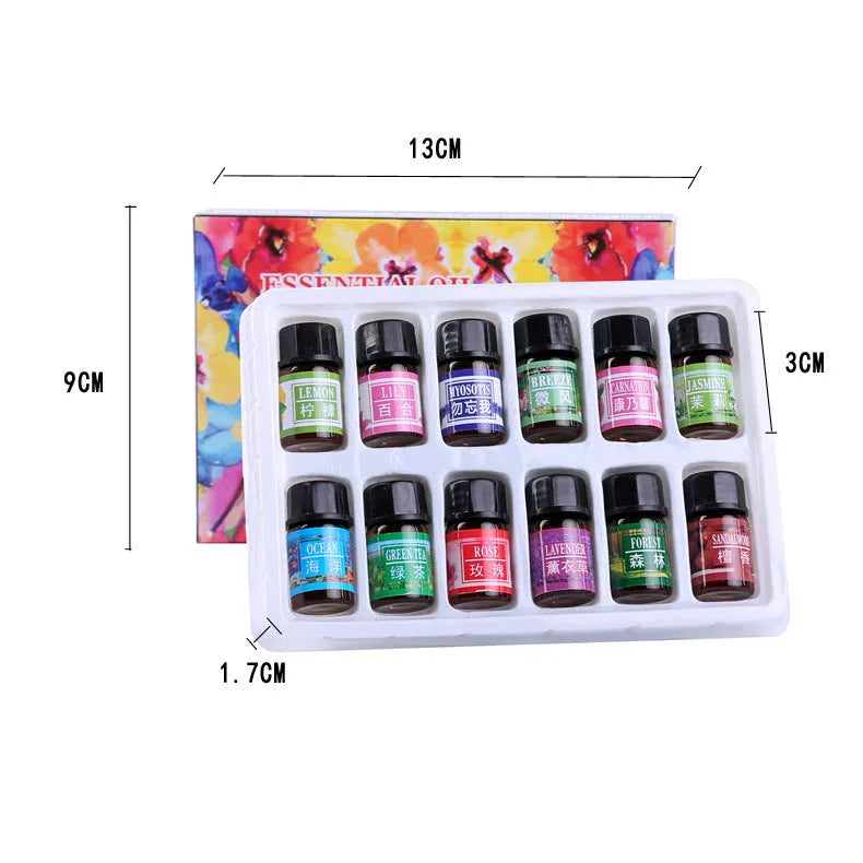 Set of 12 water-soluble humidifier essential oils in 3ML bottles with assorted fragrances including rose, lavender, and lemon
