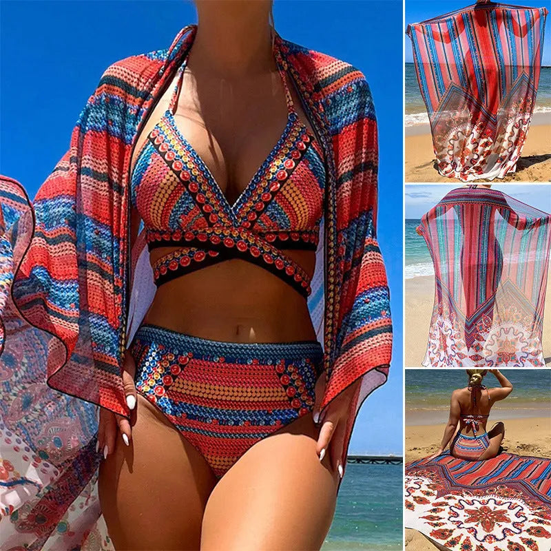 Women's three-piece polyester swimsuit set with cutout top, high-waist briefs, and a coat in picture colour.