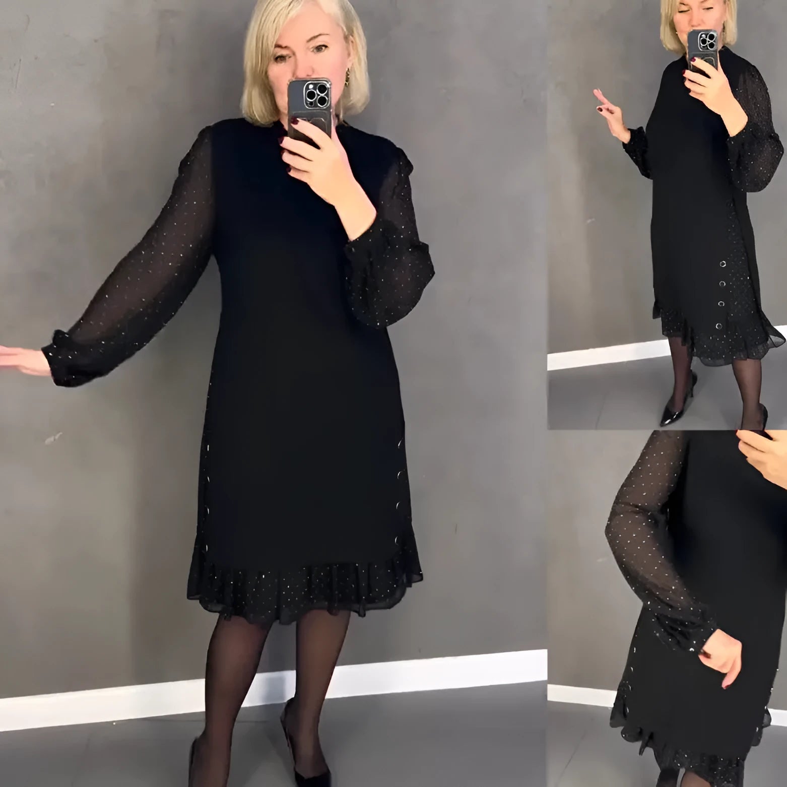 Black A-line mid waist dress with princess sleeves and character print, polyester fabric, available in sizes S to 5XL