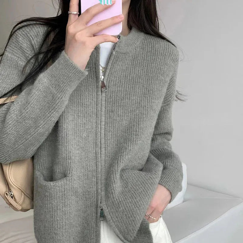 Soft viscose knit sweater coat cardigan with long sleeves in beige, grey, black, or khaki.