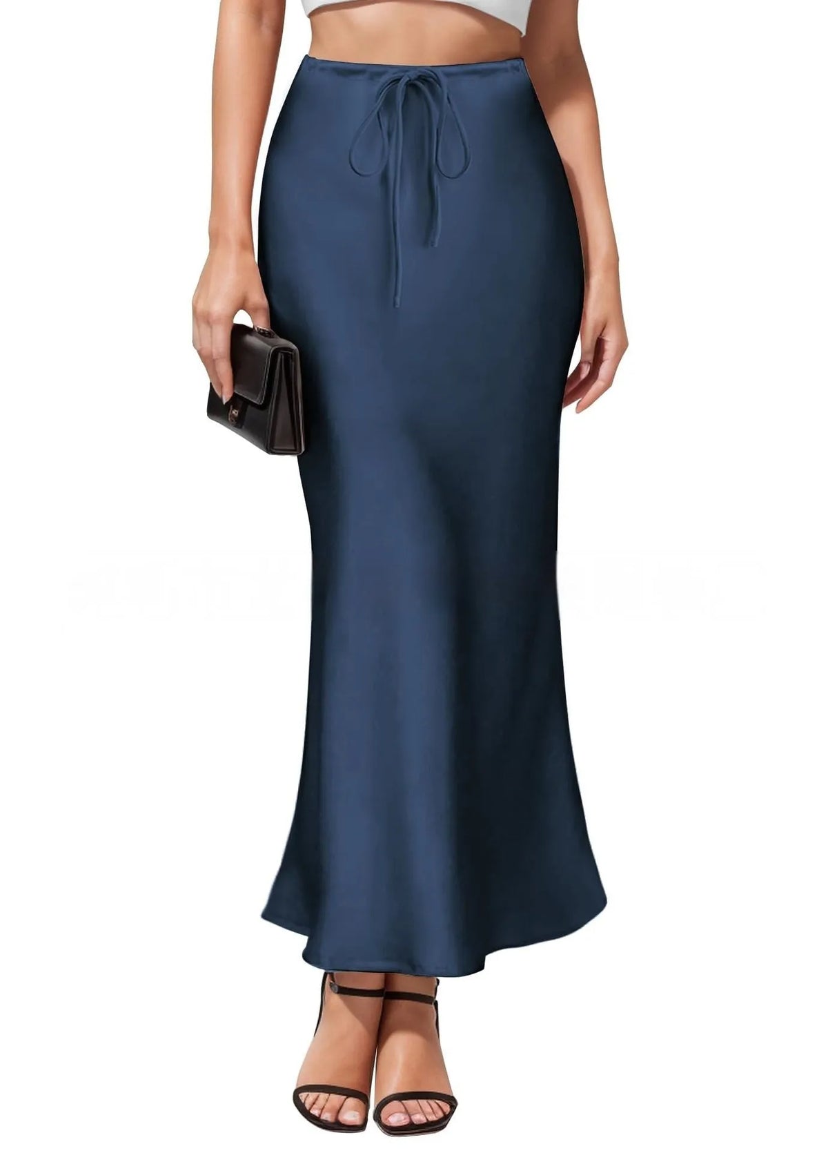 Asymmetric high-waist acetate satin skirt with irregular stitching in milky white