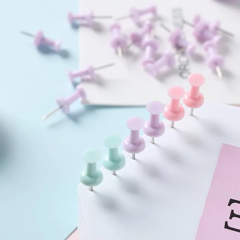 Plastic push pins in cherry blossom pink, mint green, and lavender colours, shown in large and small sizes, packaged in a box.