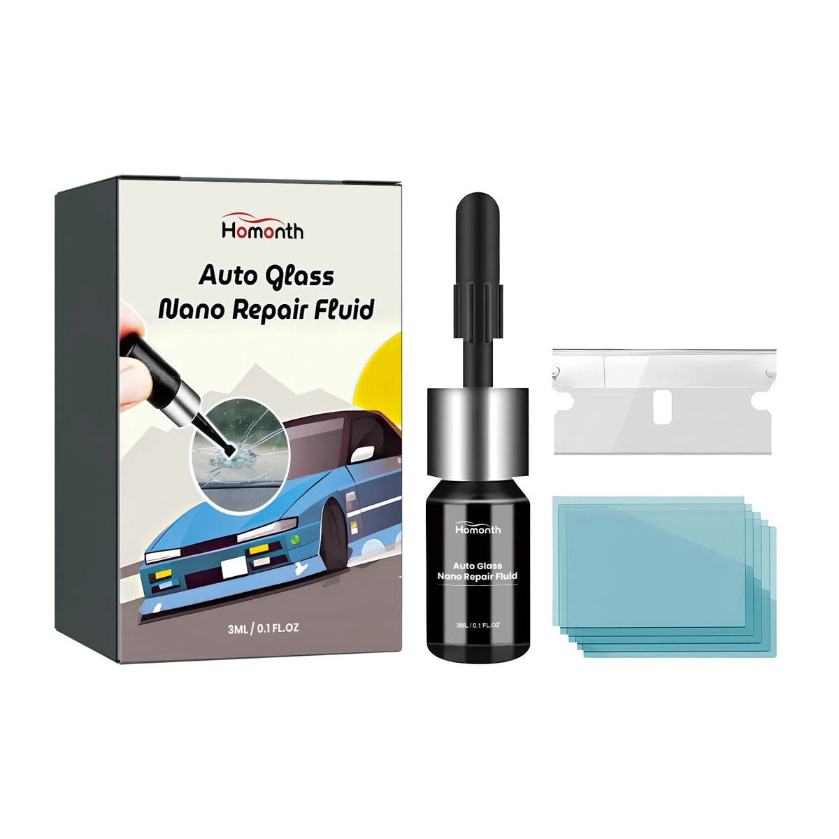 Glass nano repair liquid 3ml bottle with blade and five curing films for car windshield crack repair