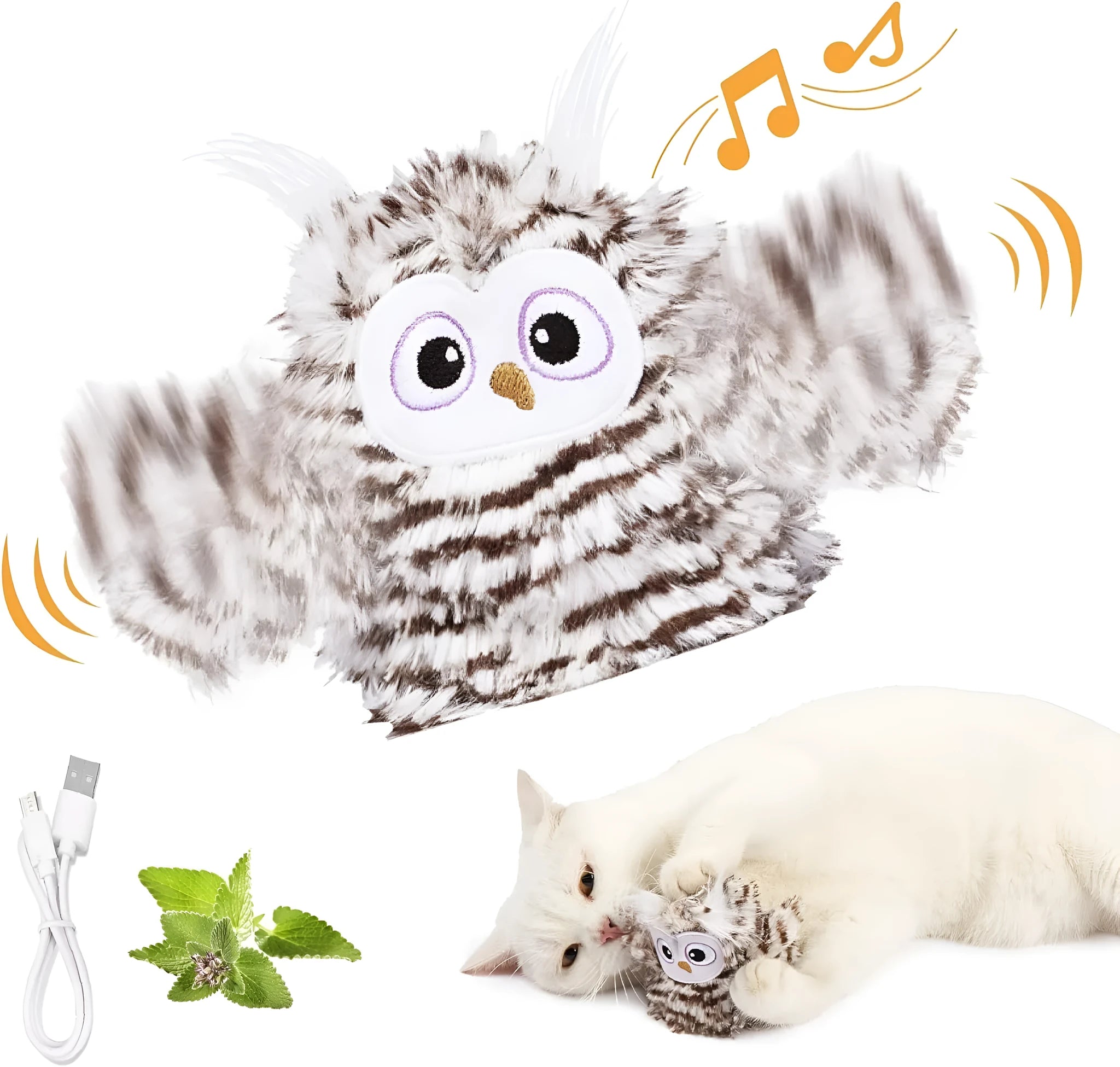 Grey owl-shaped interactive cat toy with automatic chirping and wing-flapping functions