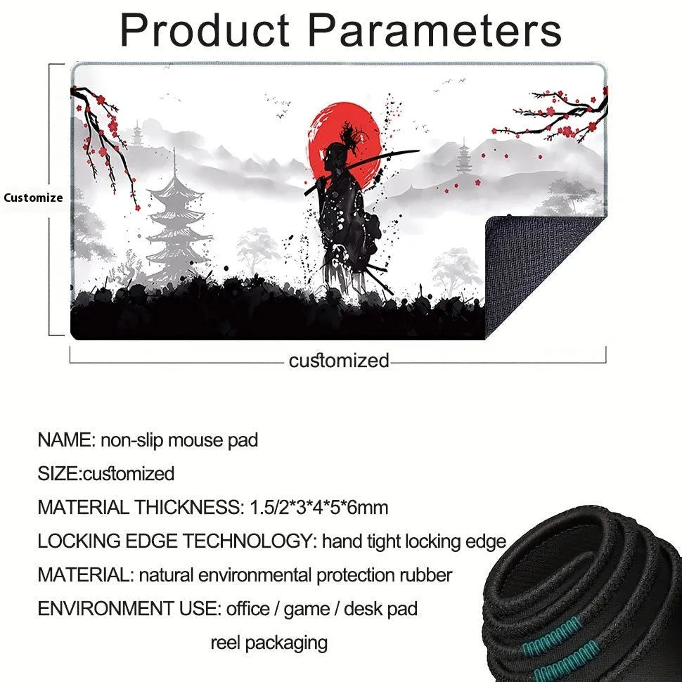 Japanese samurai design gaming mouse pad on desk with non-slip cloth surface