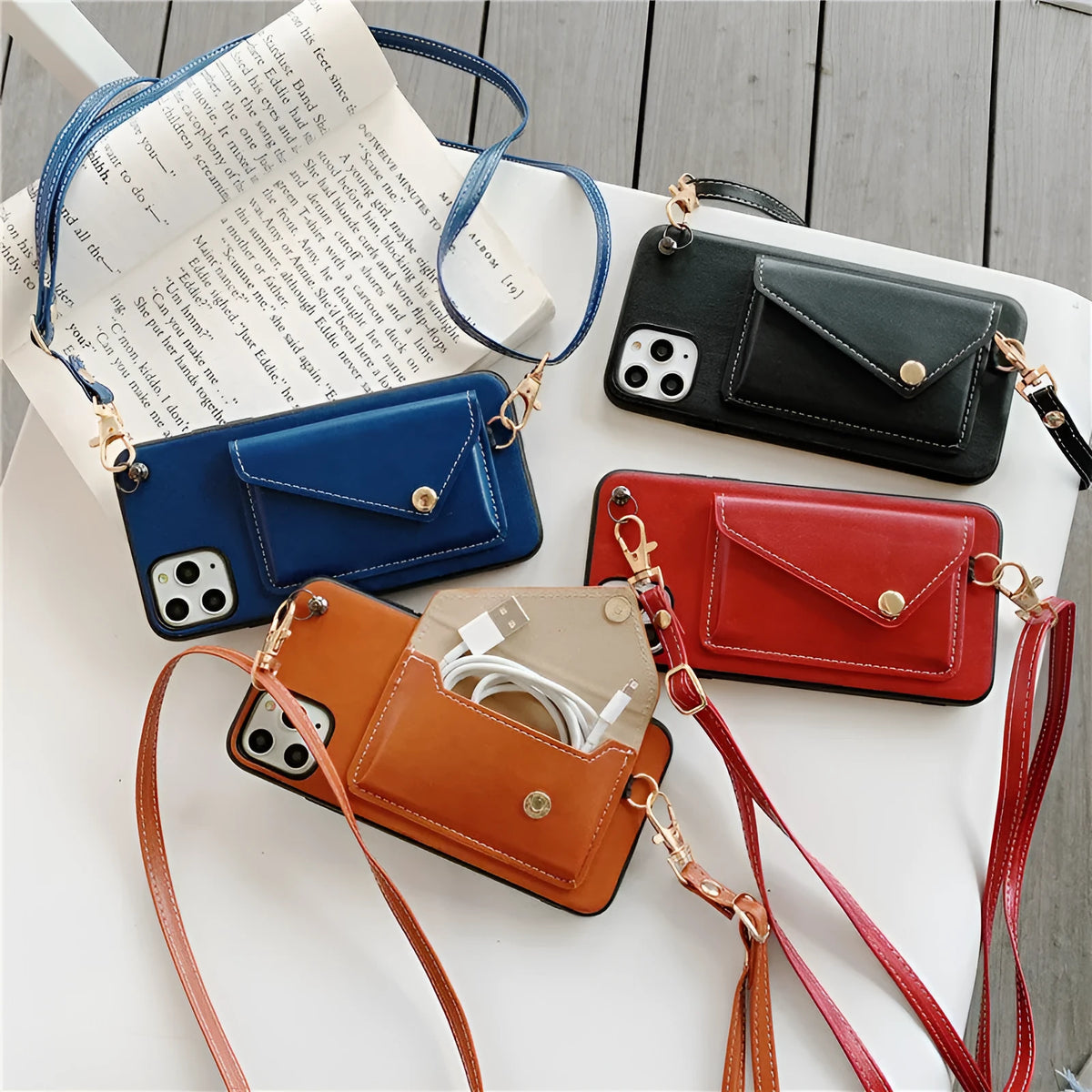 Imitation leather crossbody phone case with card holder and lanyard, embossed 3D design, in khaki, blue, red, or black.
