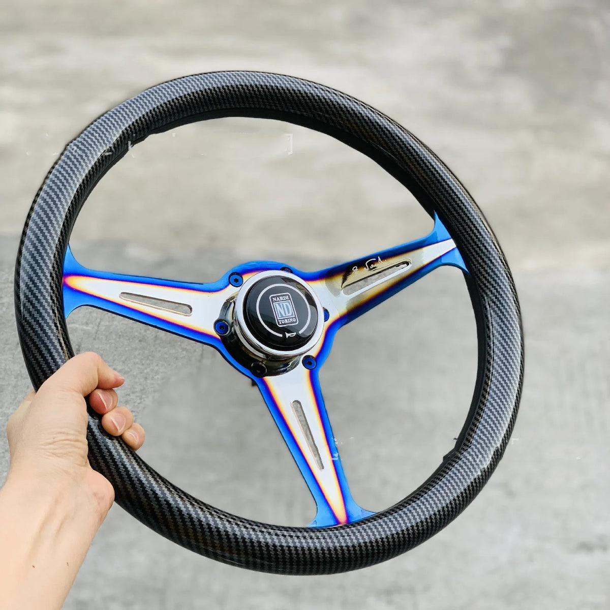 350mm alloy racing steering wheel with baked blue water transfer finish