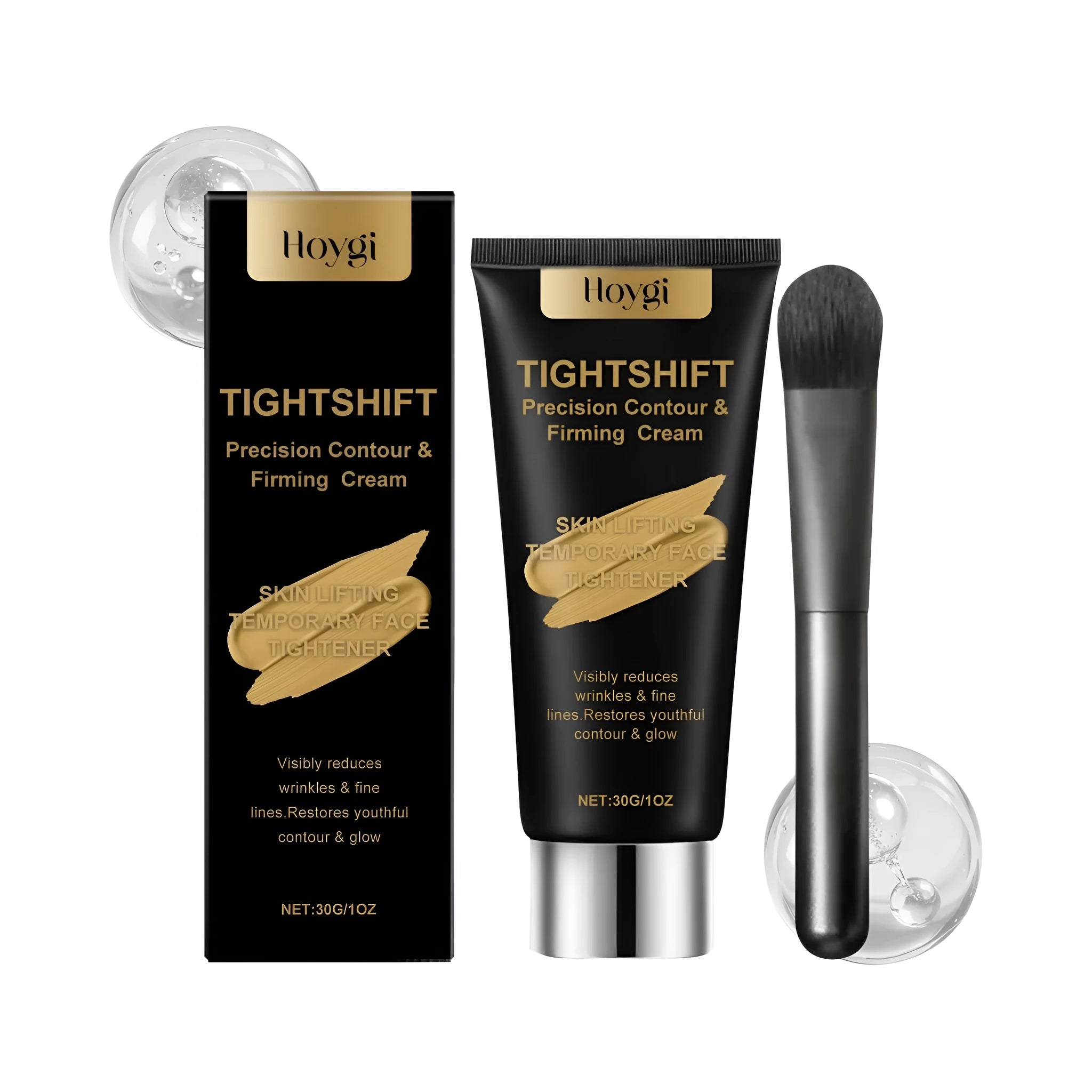30g pump jar of light-textured moisturising and firming cream with a separate application brush