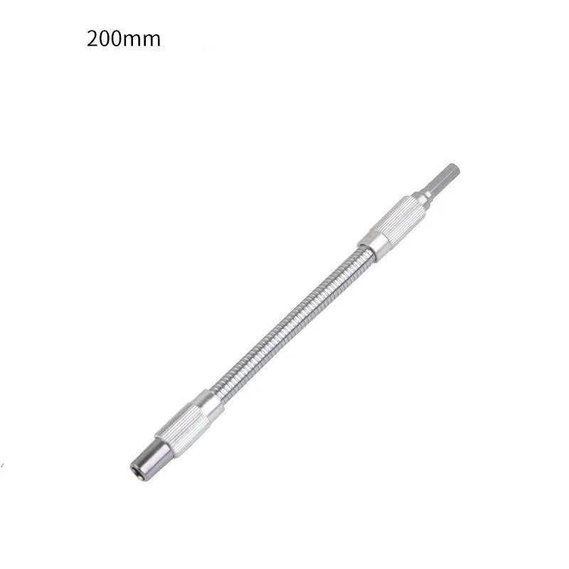 Silver metal flexible shaft extension for cordless drills in four lengths with 6.35mm shank diameter.