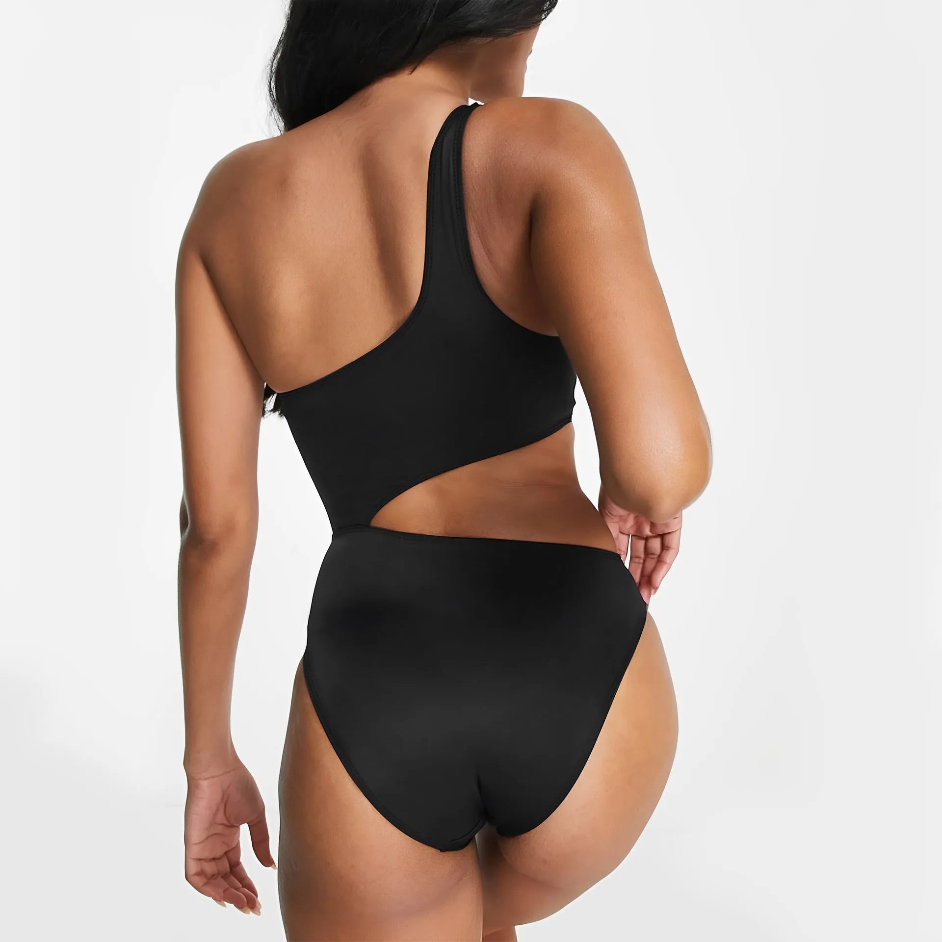 Black women's one-piece swimsuit with contrast stitching and sleeveless hollow design