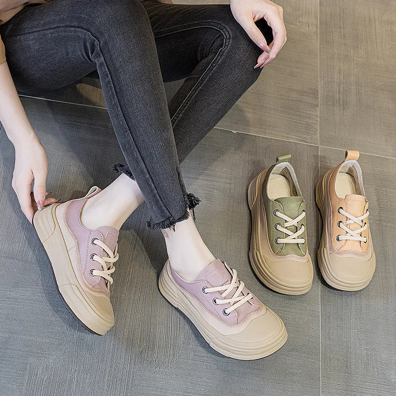 Women's solid colour leather platform sneakers in matcha, purple, or orange with a round toe and lace-up front.