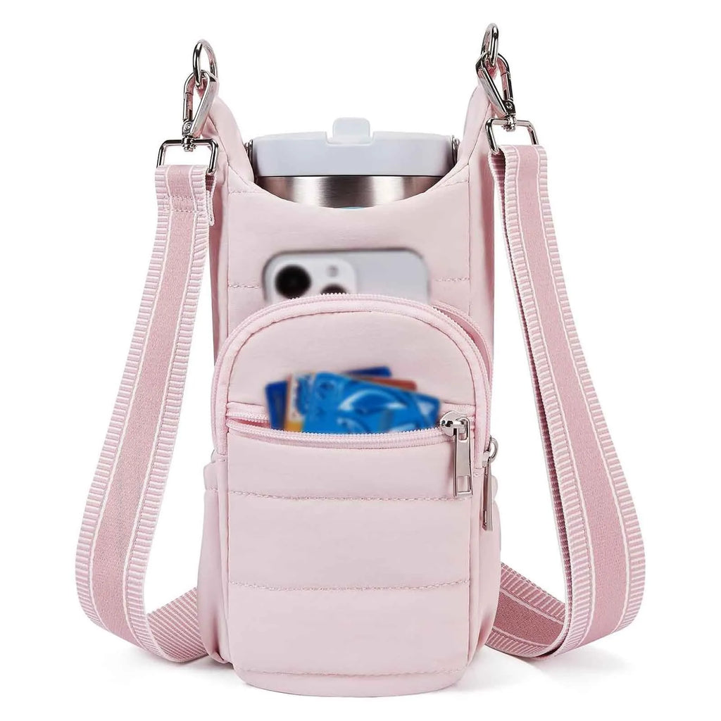 Cloth bicycle water bottle bag in black, pink or beige colour mounted on bike frame
