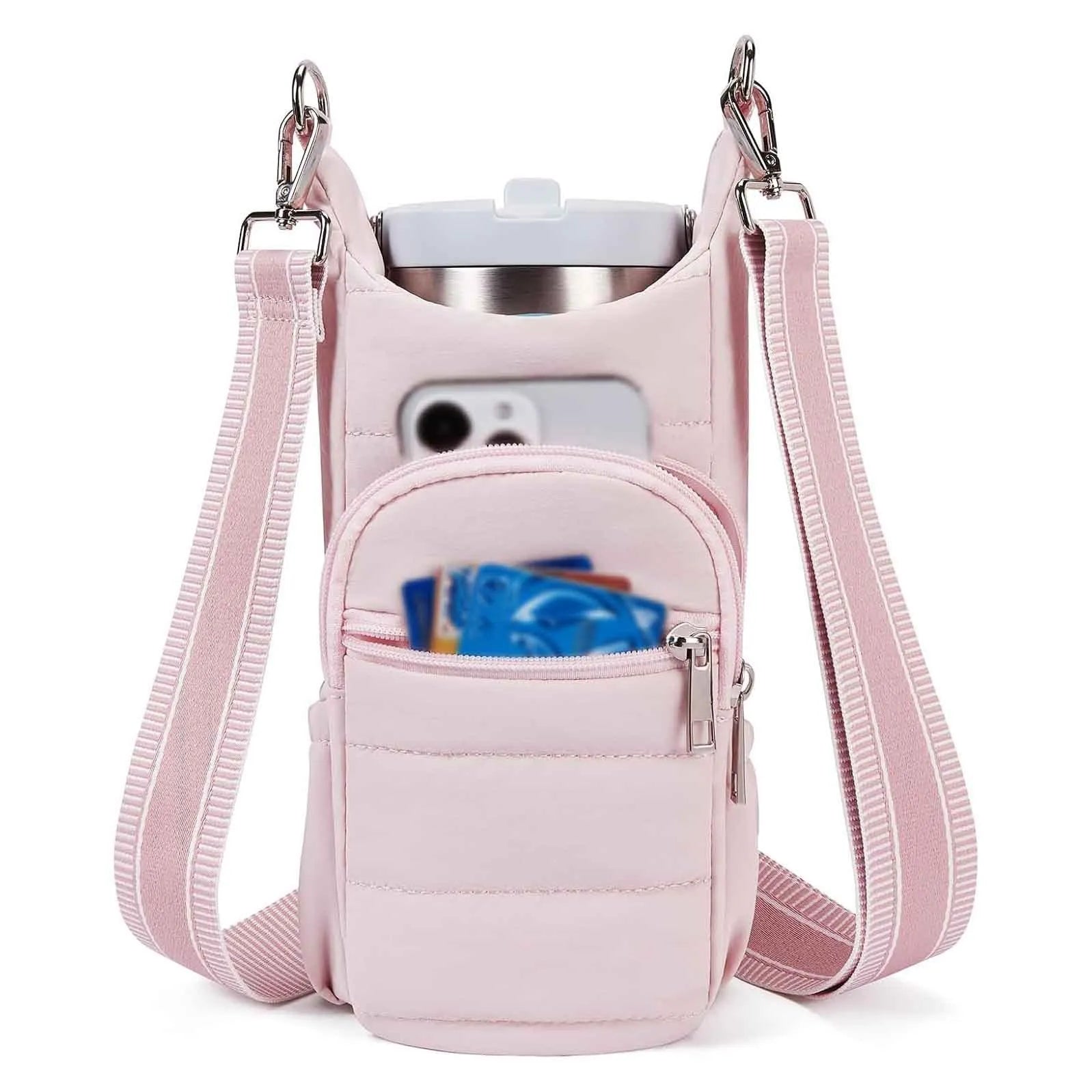 Cloth bicycle water bottle bag in black, pink or beige colour mounted on bike frame
