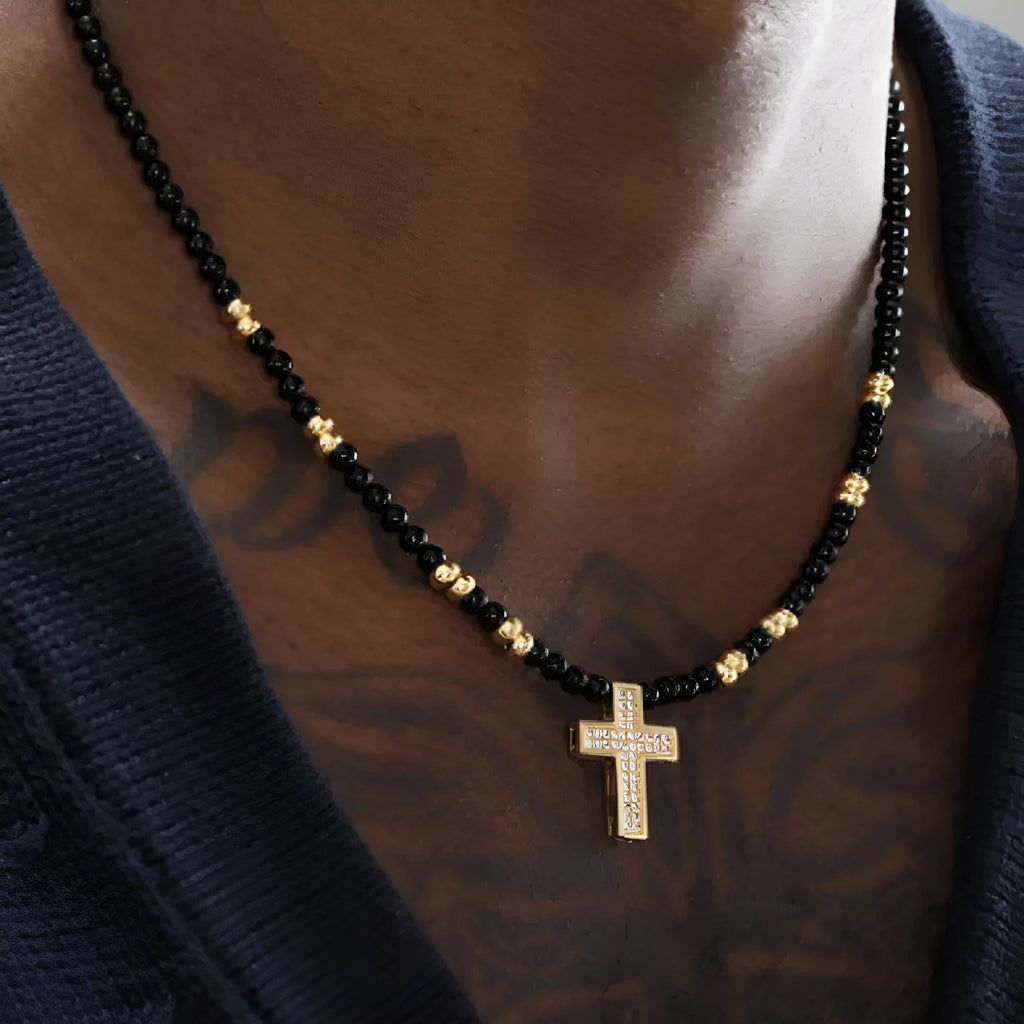 Men's hip-hop retro black agate cross necklace with 8cm extension chain in 45cm or 50cm length
