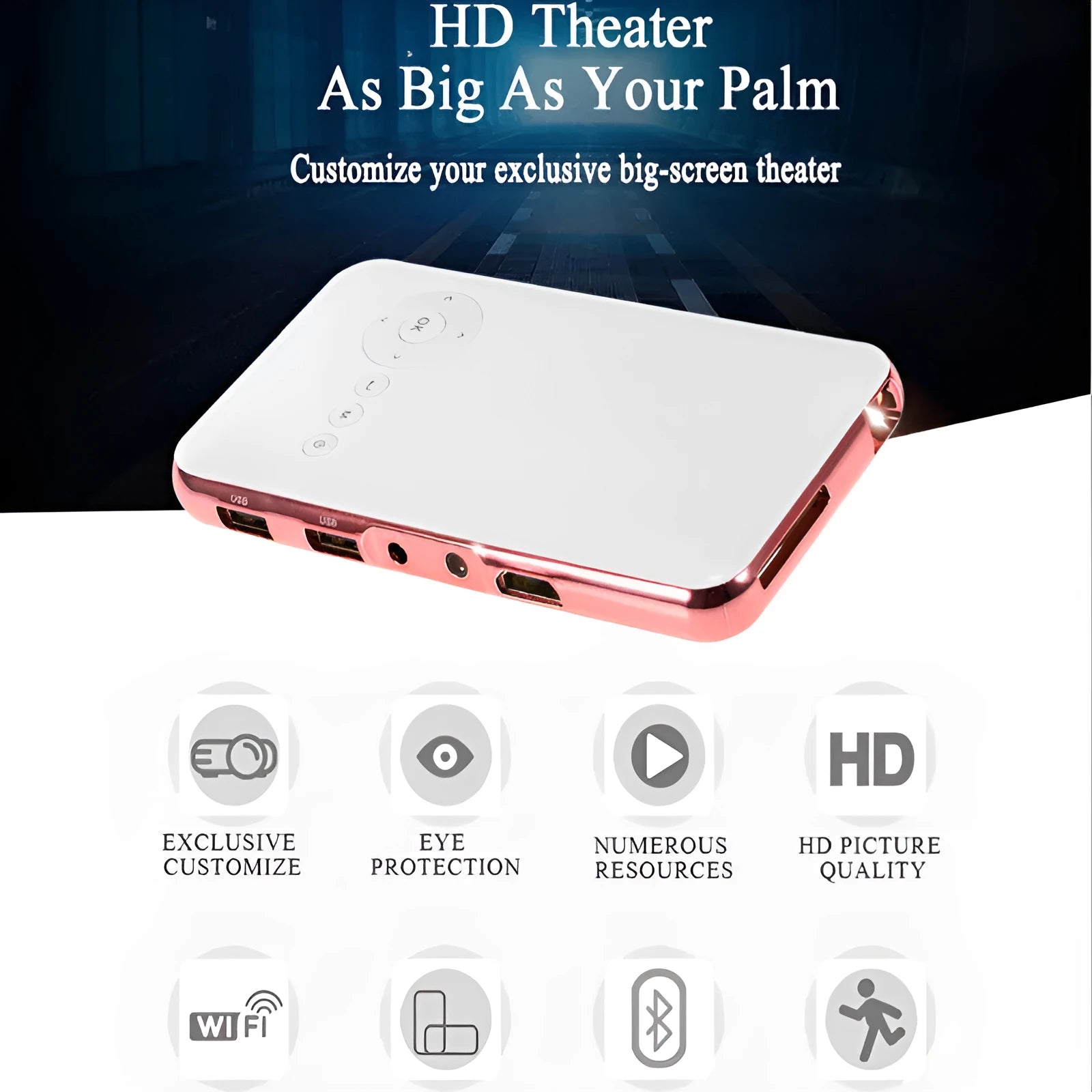 White and rose gold miniature portable smart DLP Android projector showing compact size.