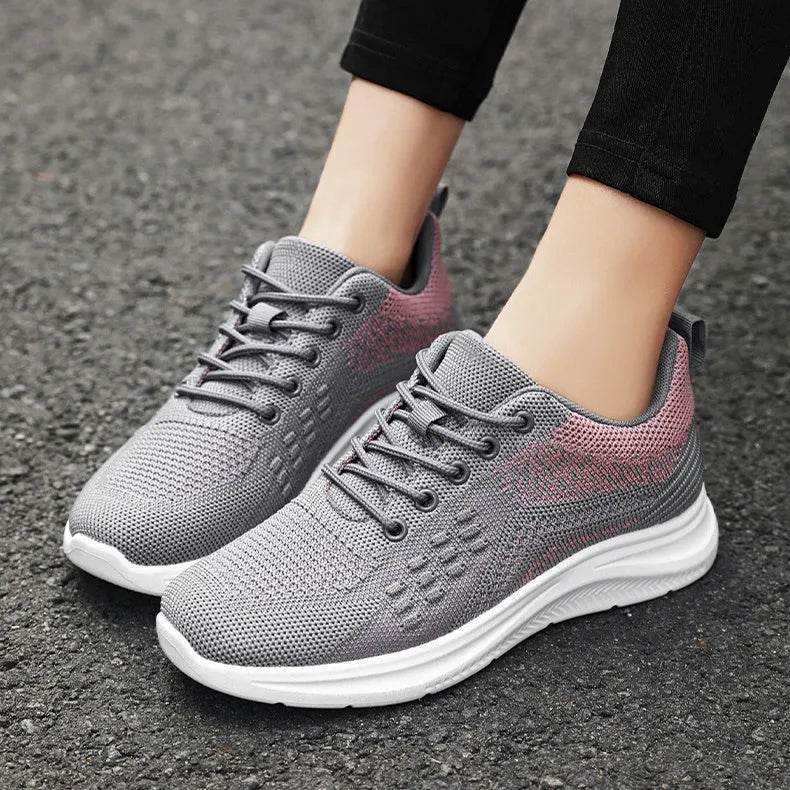 Women's lace-up sneakers in breathable mesh cloth, solid colour, round toe, PVC sole
