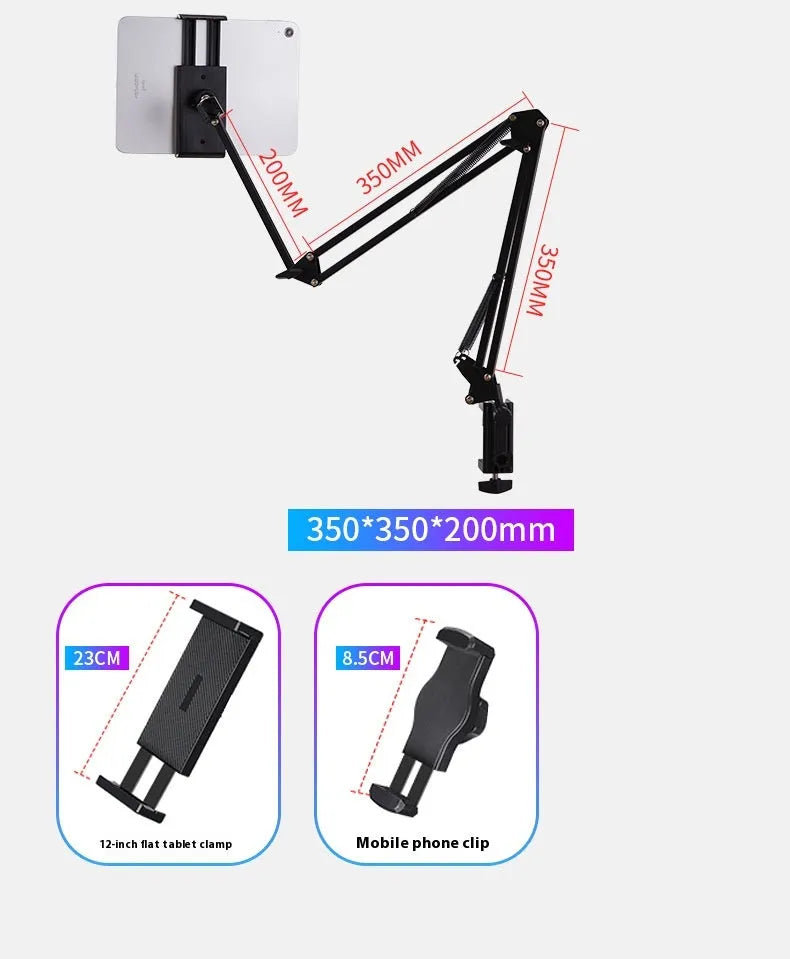 Black foldable metal desktop cantilever bracket holding tablet with adjustable arms