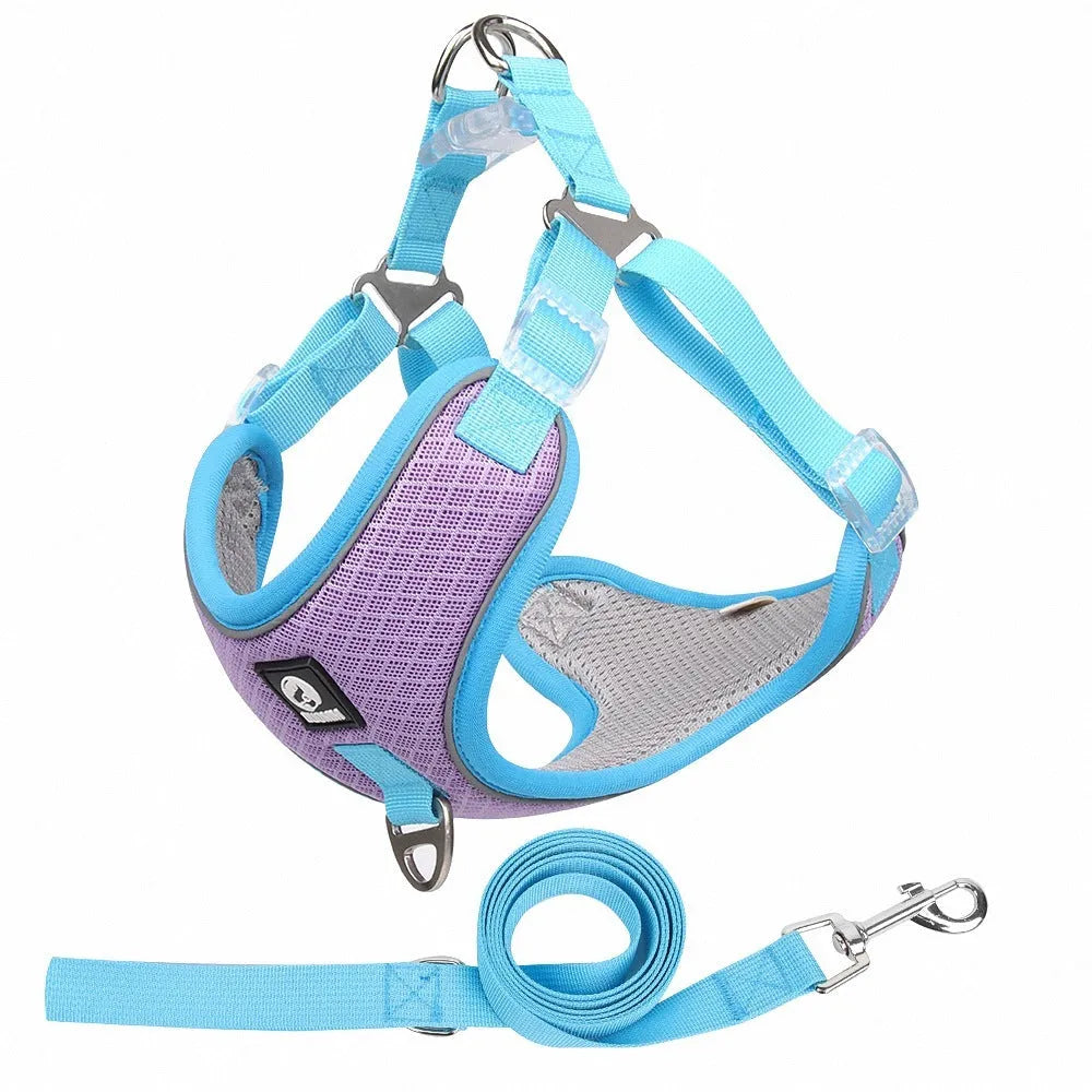 Adjustable breathable mesh dog harness with reflective strips in multiple colour options