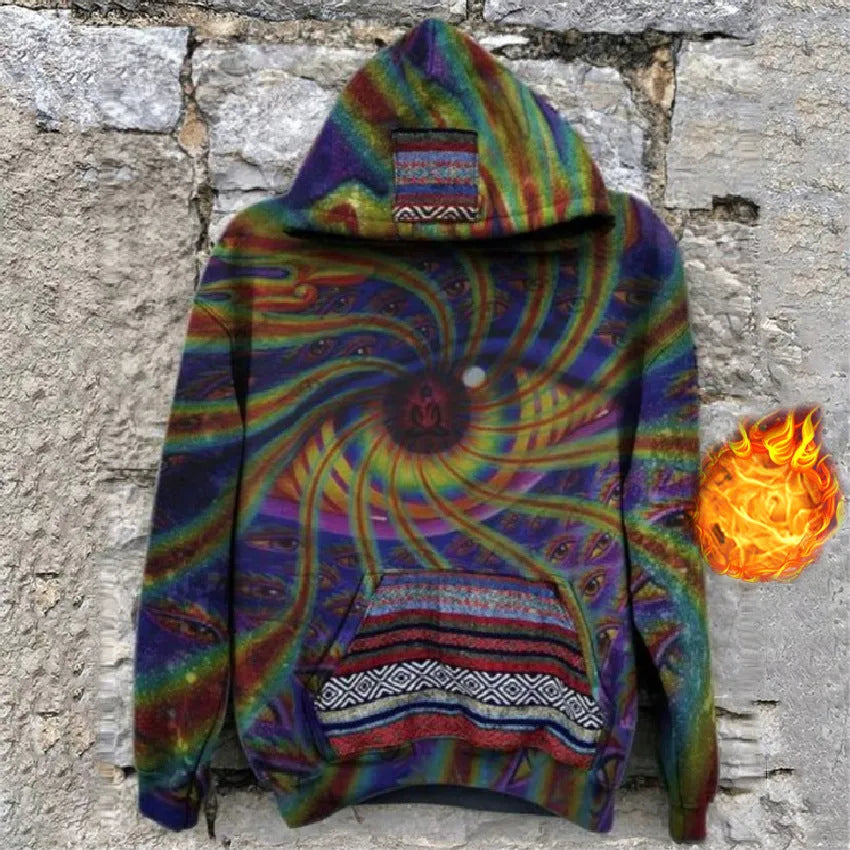 Men's polyester fleecy hoodie, long sleeve pullover with round neck, six print styles, sizes S to 6XL